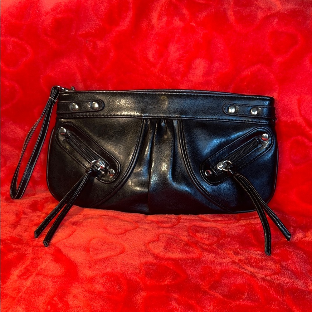 Black Leather Wristlet Clutch - Sleek Women's Evening Bag